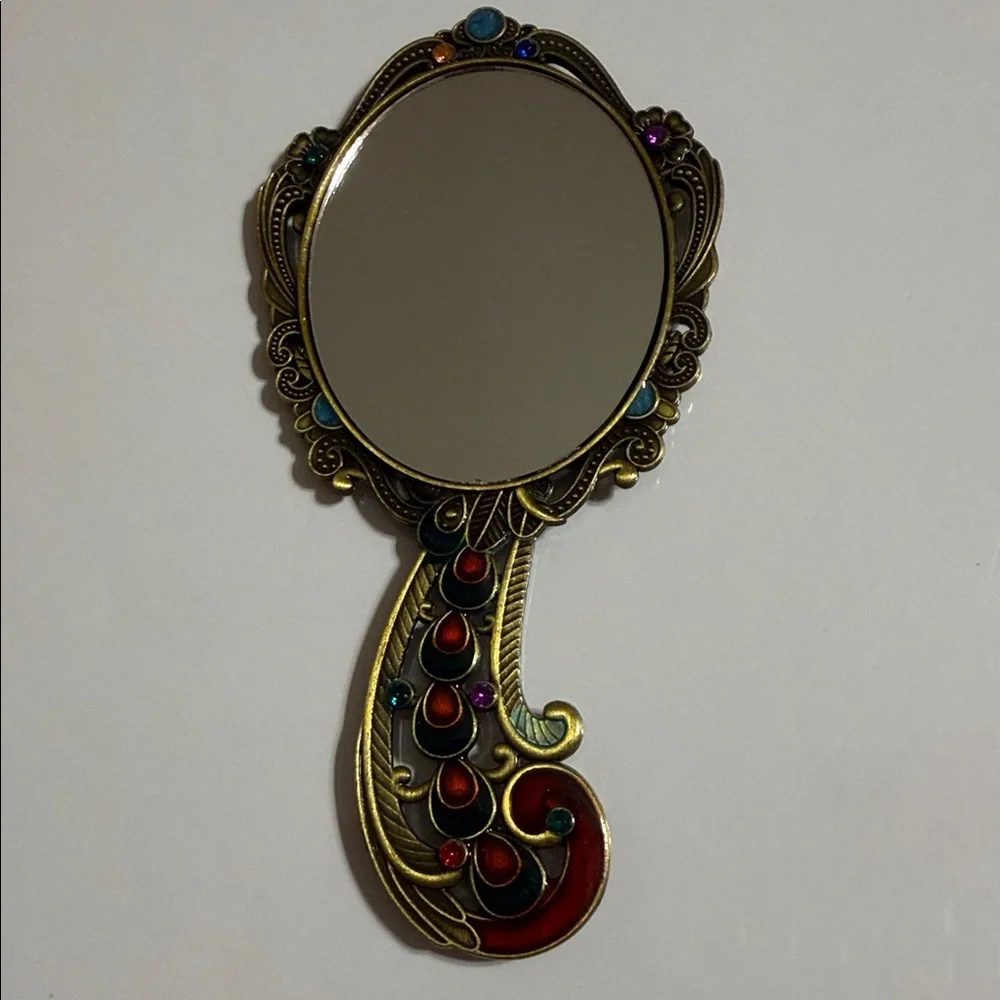 Vintage Ornate Peacock Hand Mirror and Comb Set - Pink & Green Accents